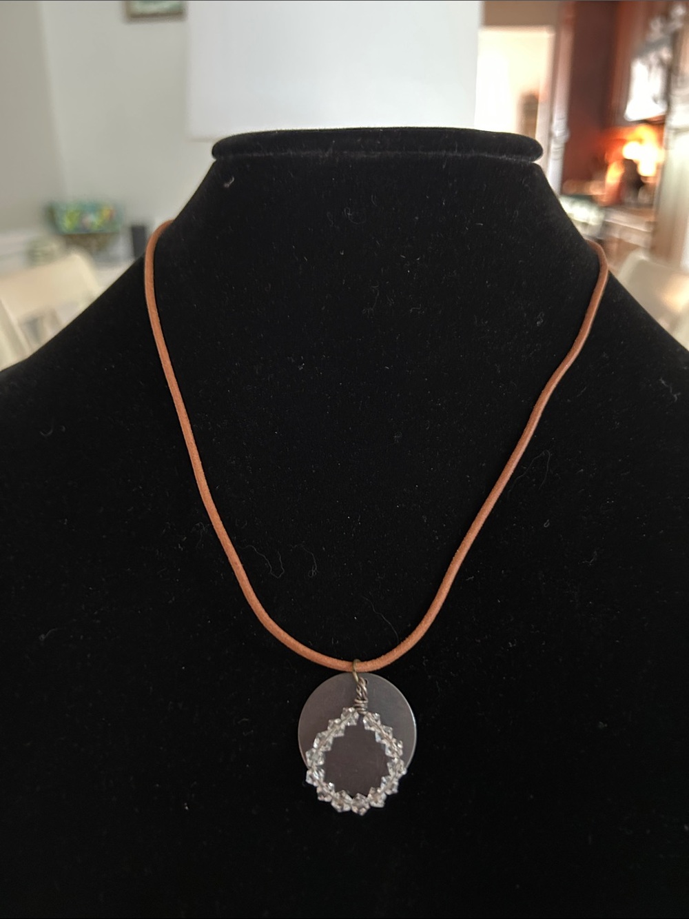 Brown Leather Cord Necklace with Clear Crystal Teardrop Pendant